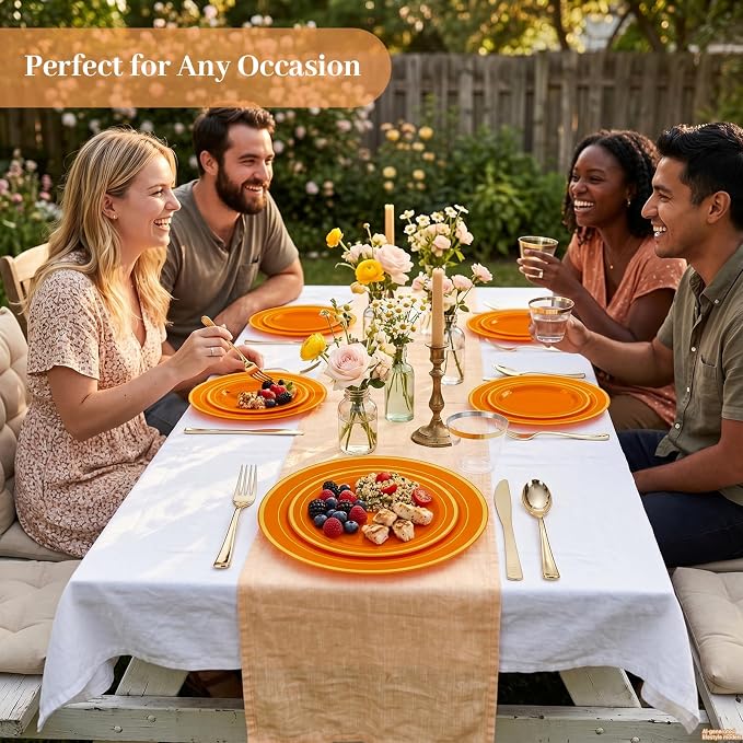 DaYammi 210PCS Orange Plastic Dinnerware Set Orange Plates Disposable Disposable Plates for Party Include: 30 Dinner Plates,30 Dessert Plates,30 Pre Rolled Napkins with Silverware,30 Cups for Wedding