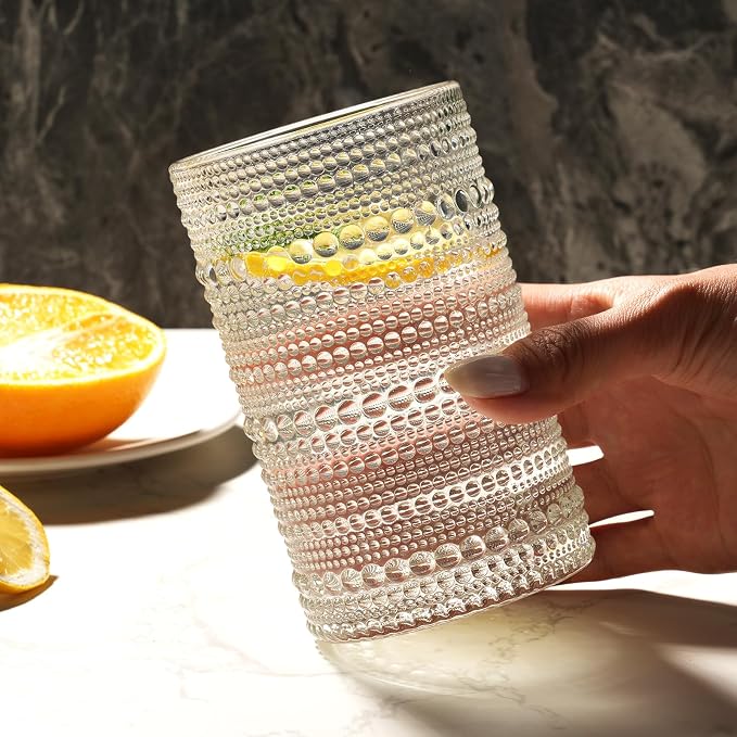 Moretoes 12 Oz Hobnail Drinking Glasses Set of 12 | Clear Highball Glasses Cups Vintage Kitchen Bar Tumbler Glassware Set for Whiskey, Beer, Juice, Milk and Various Mixed Drinks