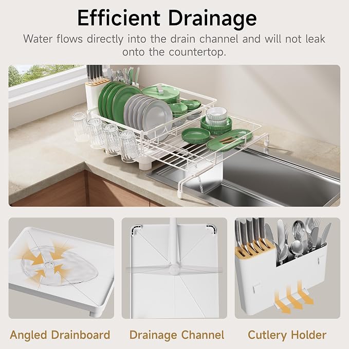 Runnatal Large Dish Drying Rack, Extendable Dish Rack Over Sink | Stainless Steel Dish Strainer with Drainboard, Utensil Holder & Cup Holder for Kitchen Counter, White