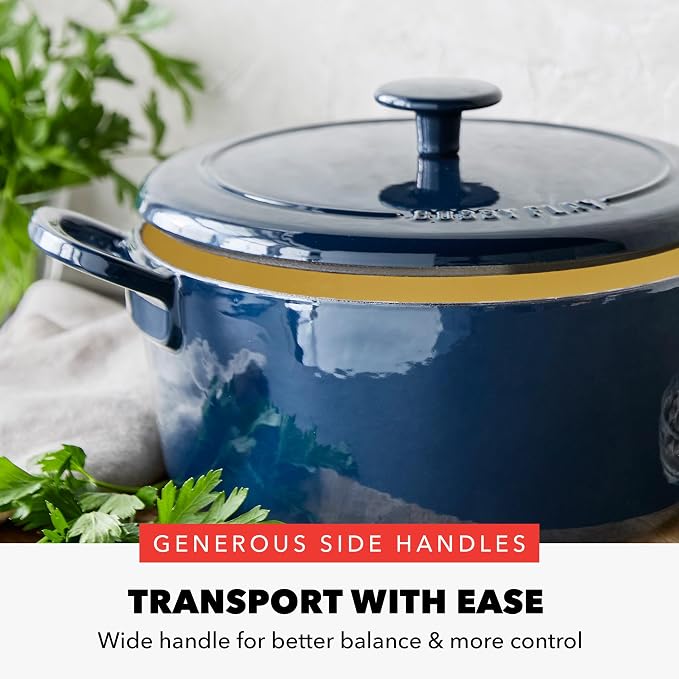 GreenPan x Bobby Flay 5.5QT Enameled Cast Iron Dutch Oven With Lid, Navy | Casserole Pot for Braising, Stews, Bread Baking & Searing, Self-Basting Lid, Induction Ready, Oven Safe To 500