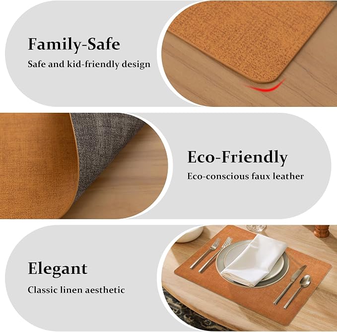 FROMHEART Faux Leather PU Placemats Set of 6 (Orange Grey,11.8" x 17") | Waterproof,Heat/Oil Stain-Resistant Table Mat–Reversible,Non-Slip,Easy to Clean Place Mats for Kitchen,Dining,Indoor/Outdoor