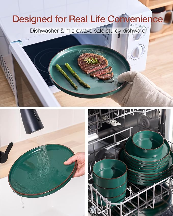 Famiware Nebula Ridge 18-Piece Stoneware Dinnerware Set, Dark Green | Plates and Bowls for 6, Warm Hand-Painted Rims, Microwave and Dishwasher Safe, Daily Essentials