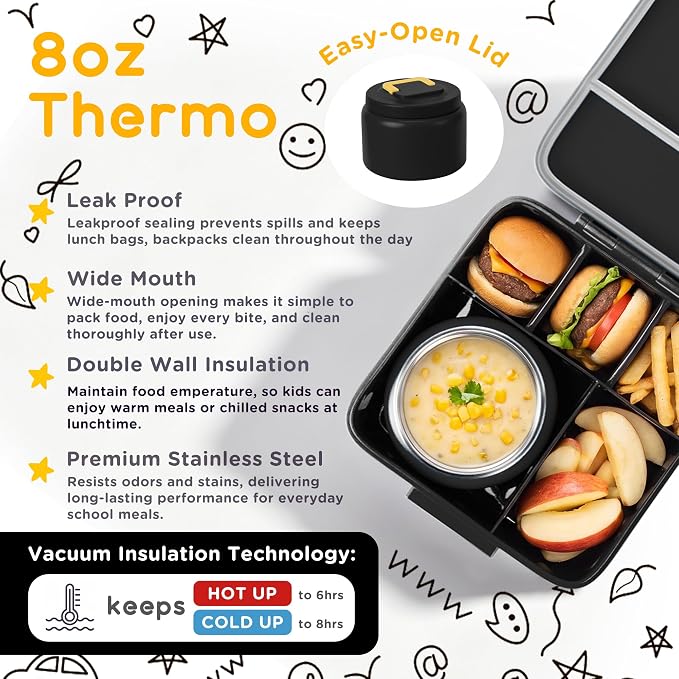 Bento Lunch Box for Kids with 8oz Thermo Containers for School,Camping | Vacuum Insulated Food Jar,Leakproof Silicone-Seal,5 Compartments with Dividers,Dishwasher & Refrigerator Safe,BPA-Free