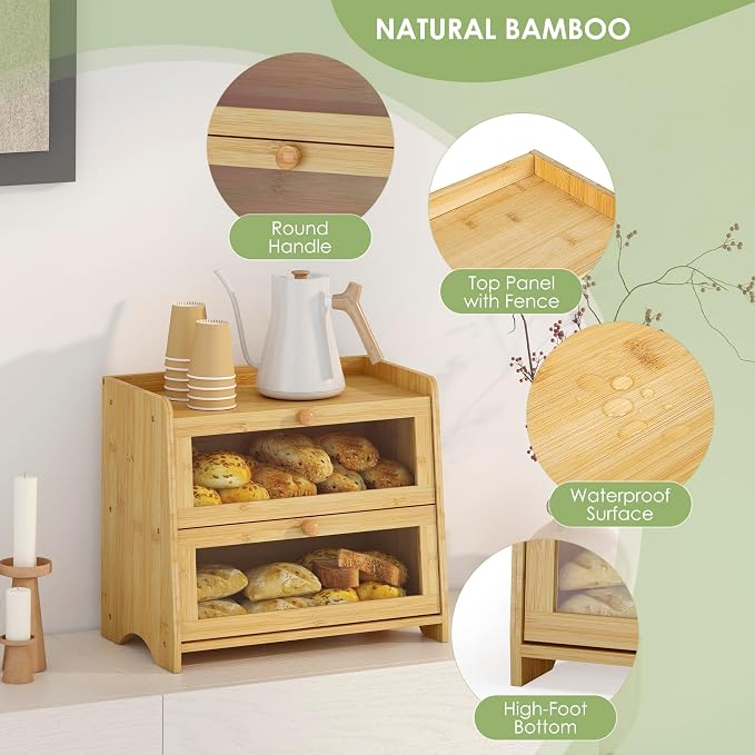 Double Layer Bread Box Container for Kitchen Countertop Homemade Bread | Large Breadbox Storage Wooden Farmhouse Bread Holder (Bamboo, Medim-15.7" L x 9.5" W x 13" H)