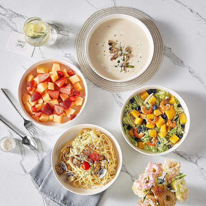 MALACASA 48 Oz Pasta Bowls Set of 4, Ceramic Salad Bowls, White | Microwave, Oven (482F), and Dishwasher Safe, For Pasta, Salad, Cereal, and Soup, 9 Inch Wide Shallow Design, Stackable, LUNA
