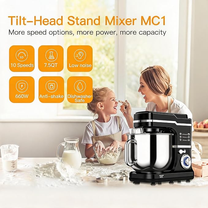 Stand Mixer Dough Mixer 7QT 660W 10-Speed Tilt-Head Dough Mixer, Electric Kitchen Mixer with Stainless Bowl, Hook, Whisk, Beater & Splash Guard, Black (black)
