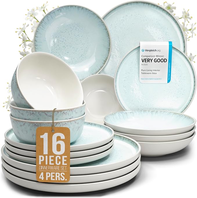 Stoneware dinnerware set 4 persons 16 pcs – Modern style plates and bowls set ceramic – Dishwasher, microwave and scratch resistant – Bowl and plate set – Dinner service Pure Living beige & light blue | Reactive Glaze Coating, Dishwasher & Microwave Sa...