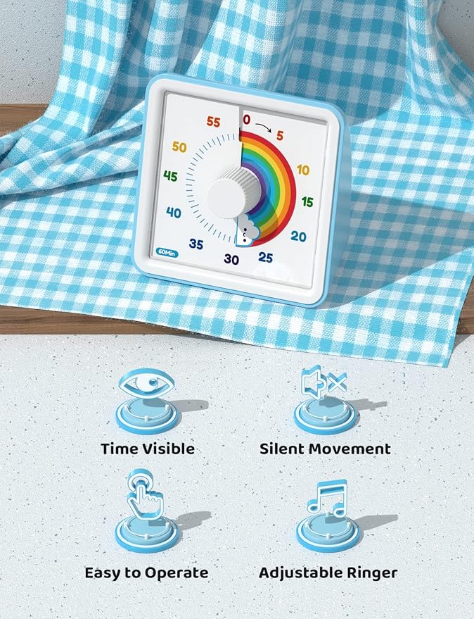 LIORQUE Visual Timer for Kids, 60 Minute Rainbow Countdown Timer, Blue | Non-Ticking, 3 Volume Levels with Mute Function, Timer for Kitchen Cooking Classroom ADHD, 2 AAA Batteries Included