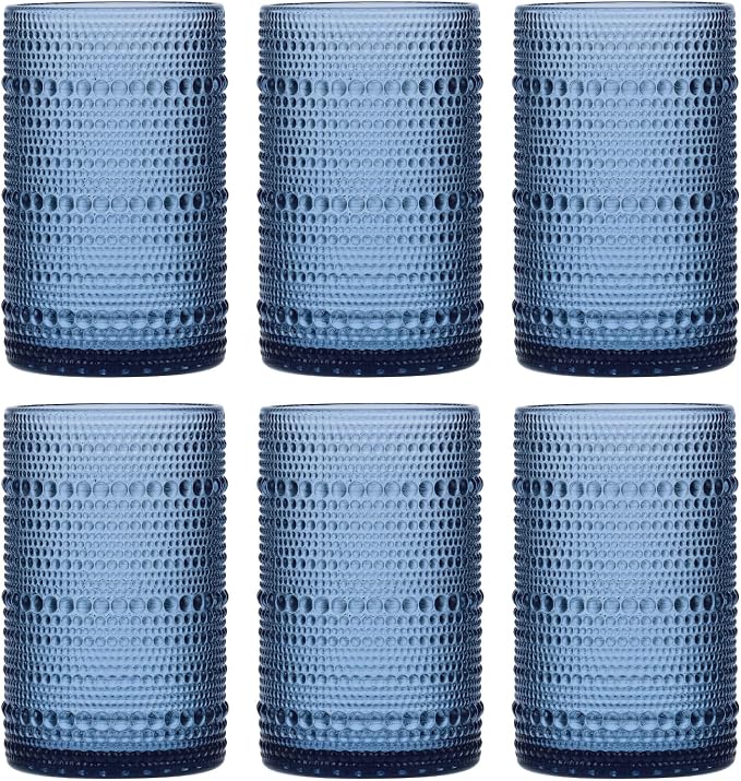 Moretoes 15oz Blue Vintage Hobnail Drinking Glasses Set of 6 | Highball Glass Cups, Kitchen Drinkware Glassware for Beer,Cocktail,Whiskey,Juice and Various Mixed Drinks