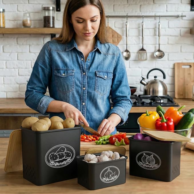 Lifewit Plastic Potato and Onion Storage Bin Box, Set of 3, Black | Stackable Garlic Keeper, Vegetable Container Box, Aerating Holes & Lid for Pantry Countertop