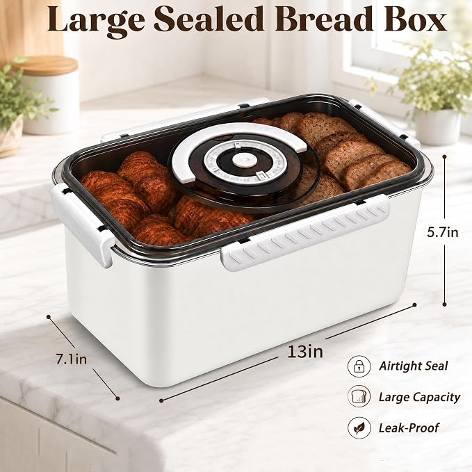 Bread Storage Stainless Steel Bread Box for Homemade Bread Airtight,Beige | 304 Stainless Steel;Airtight;Date Dial;5800ML Large Capacity (13.0 × 7.1 × 5.7 in);Dishwasher Safe;Portable Handle;Leak-Proof