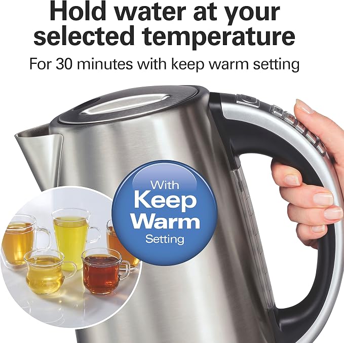 Hamilton Beach 1.7 Liter Electric Tea Kettle, Water Boiler & Heater | Fast Boiling 1500 Watts |Temp Control | Cordless Serving | Auto-Shutoff & Boil-Dry Protection | BPA Free | Stainless Steel