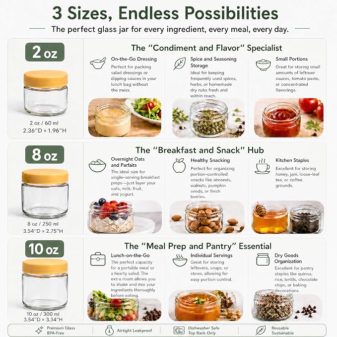 2 oz Glass Dressing Containers With Lids, Sauce Jars for Lunch, 6pk | Airtight ,BPA Free,Perfect for salad dressing sauce dip condiment to go lunch box Accessories , Dishwansher safe