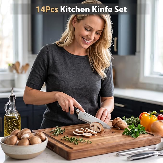Knife Set, Amorston 14-Piece Kitchen Knives Set with Block & Sharpening Stone, Stainless Steel Dishwasher Safe, Knife Block Set with Ergonomic Handle, Professional Kitchen Knives for Home Cooking