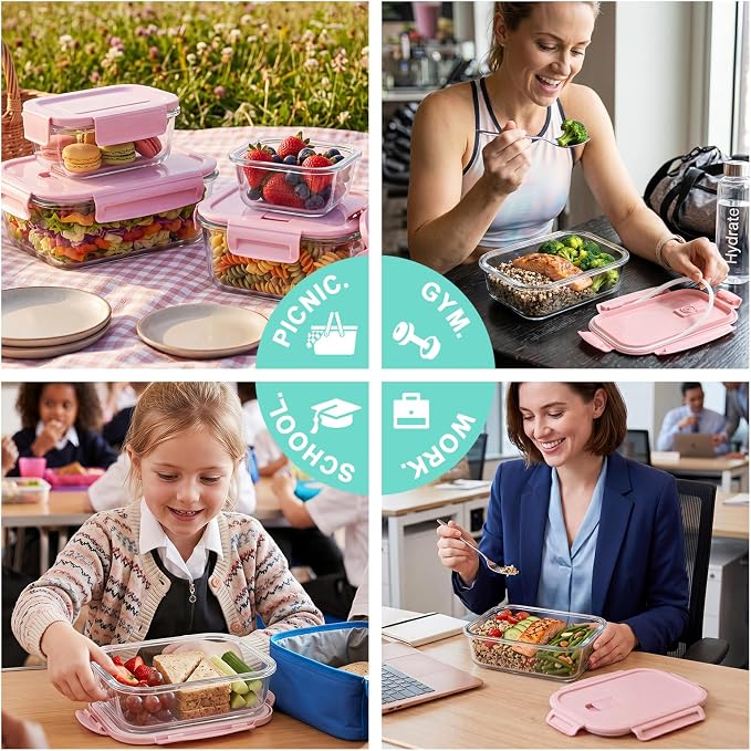 8 Pack Glass Food Storage Containers with Lids(Pink) | Meal Prep Containers with Snap Locking Lids, Airtight Lunch Containers for Microwave, Oven, Freezer and Dishwasher, BPA Free