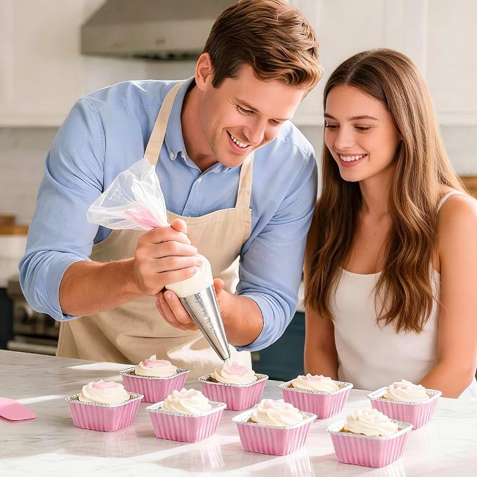 Mini Cake Pans with Lids, 60 Pack Pink 5oz for Party Favors | Use for mousse layers, cheesecake squares, blondies and candies; utensil pairing reduces add-on prep.