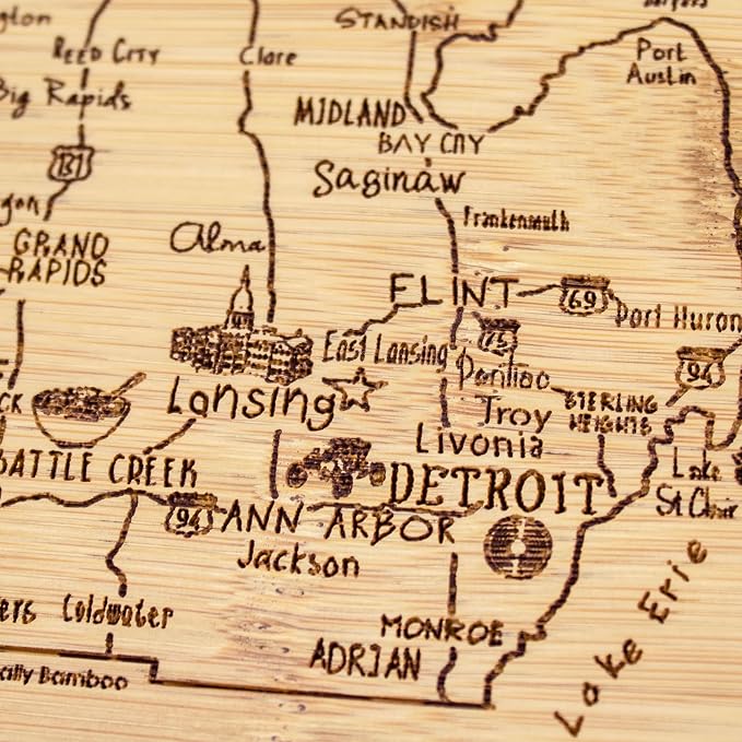 Totally Bamboo A Slice of Life Michigan Engraved Map Cutting Board | 11” x 8.75” charcuterie board with engraved state map artwork. Smooth reverse side for food prep. Hang tie for wall display.