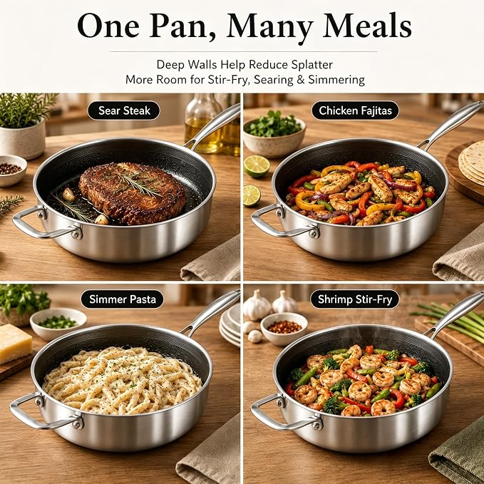 DELARLO Frying Pan,12 inch Tri-Ply Stainless Steel Skillet,6 Quart Saute Pan with lid, Compatible with All Cooktops,Oven Up to 660℉,Chicken Fryer,Dishwasher-Friendly