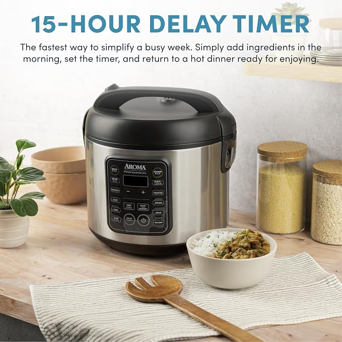 AROMA Professional Digital Rice Cooker, 10-Cup (Uncooked) / 20-Cup (Cooked), Multicooker, Slow Cooker, Steamer, Oatmeal Cooker, Egg Cooker, STS, 5 Qt, Black, ARC-5200SB