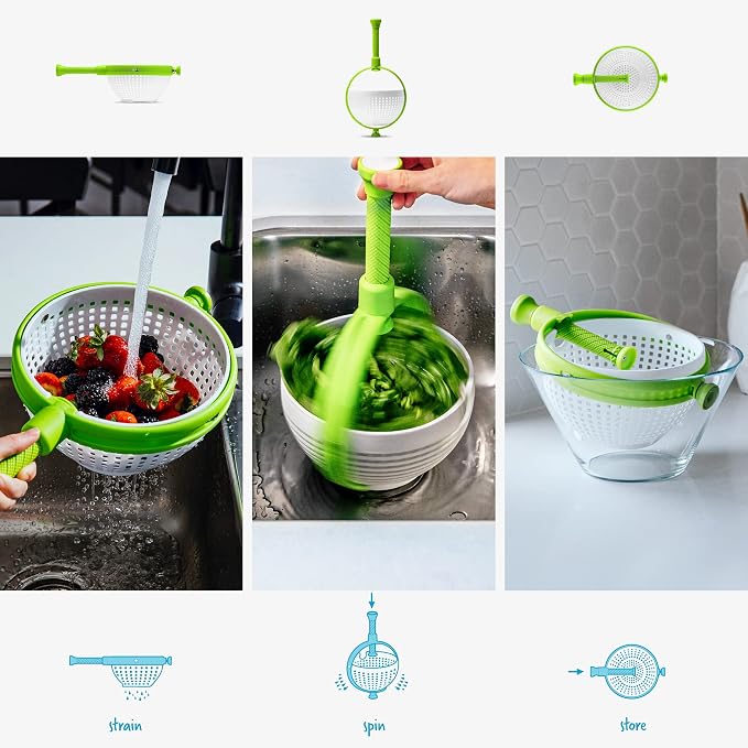 Dreamfarm Spina 2-in-1 Collapsible Salad Spinner & Colander | Compact storage, in-sink salad washer and strainer, 12 cup capacity, cleans fruit, vegetables and berries, drains pasta