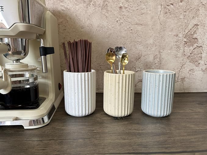 TOPYOKK Stoneware Coffee Bar Utensil Holder Tea & Coffee Spoon & Stirrer Holder for Stir Stick Straw Teaspoon Holder Espresso Spoon Cup Small Utensil Jar Fluted Vertical Stripe (Speckled Beige)