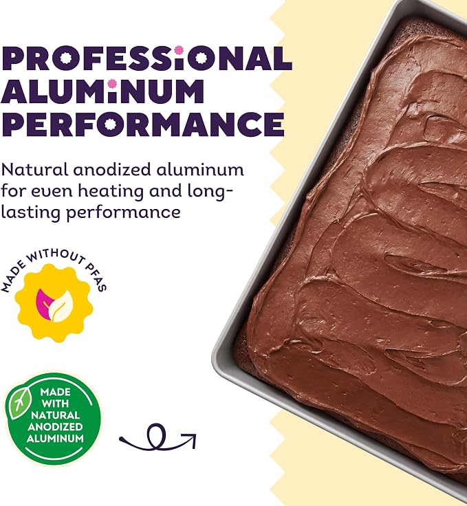Wilton Aluminum Rectangular Sheet Pan, Made Without PFAS, 9 x 13 in. | Natural Anodized Aluminum, Even Heating & Rust-Resistant, Perfect for Sheet Cakes, Roasting & Classic Rectangular Baking