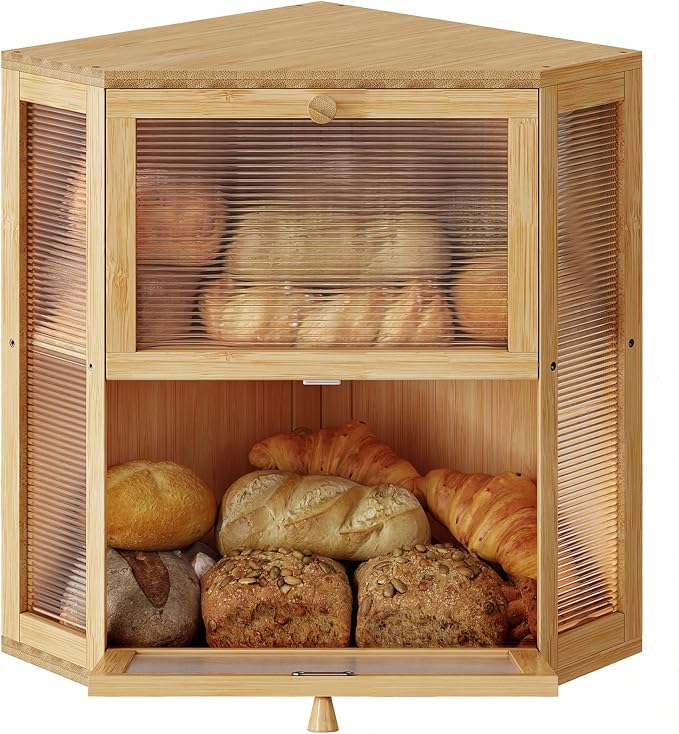 WOWLIVE Double Layer Corner Bread Box for Kitchen Countertop with 2 Doors | Bamboo Bread Storage Container, Large Farmhouse Breadbox with Acrylic Wavy, Under Cabinet Organizer, Natural, Extra Large