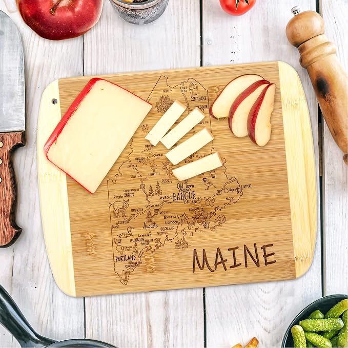 Totally Bamboo A Slice of Life Maine Engraved Map Cutting Board | 11” x 8.75” charcuterie board with engraved state map artwork. Smooth reverse side for food prep. Hang tie for wall display.