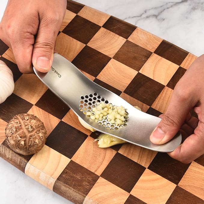 Cook Guy Garlic Press Rocker Set -304 Stainless Steel Premium | All-Steel Garlic Mincer, Crusher, Peeler, and Scraper Tool for Effortless Mincing –Dual-Handle Garlic Grinder(B0201)