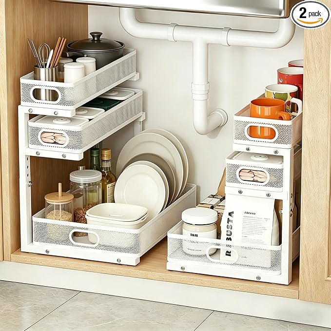 2 Pack Under Sink Organizer, 3-Tier Pull Out Kitchen Cabinet Organizer with 5 Adjustable Heights Metal Slide Out Bathroom Storage Makeup Drawer Rack for Bedroom Office Pantry Home Organization, White