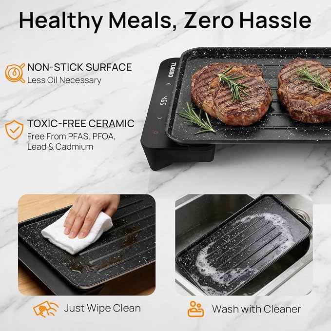 TURBRO EG13 Portable Electric Griddle, Low Power 300-600W, TÜV Certified | Thick-Film Fast Heating, Non-Stick Grill with Smart NTC Temp Control for RV, Camping & Picnics