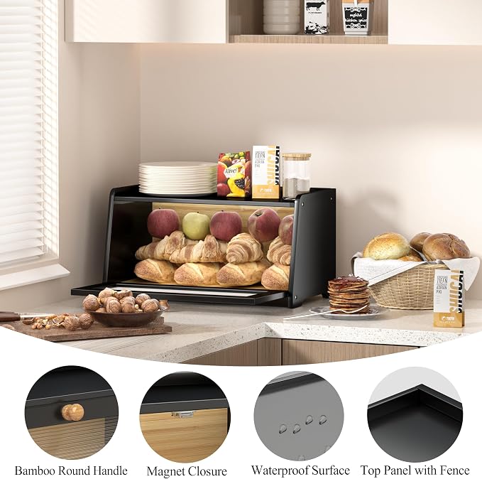 Bread Box for Kitchen Countertop, Vintage Wooden Counter Breadbox, Bamboo Bread Storage Container Bin for Homemade Bread, Small Farmhouse Corner Breadbox Organizer with Acrylic Window, Black