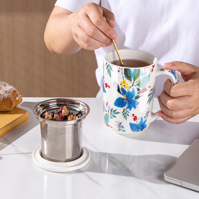 AmorArc Tea Cup With Infuser and Lid, 18oz Loose Leaf Tea Mug With Steeper | Porcelain Tea Mug With Infuser and Lid, Large Strainer Tea Cup with Lid for Tea, Coffee Mug for House-warming Birthday Gift
