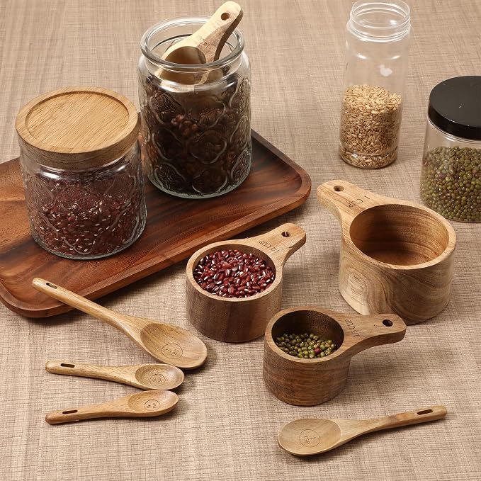 8 Piece Wooden Measuring Cups and Spoons Set, Solid Acacia Wood | Laser Engraved Measurements, Acacia Wood Measuring Cups, Natural Wood Kitchen Accessories, Perfect for Baking and Cooking