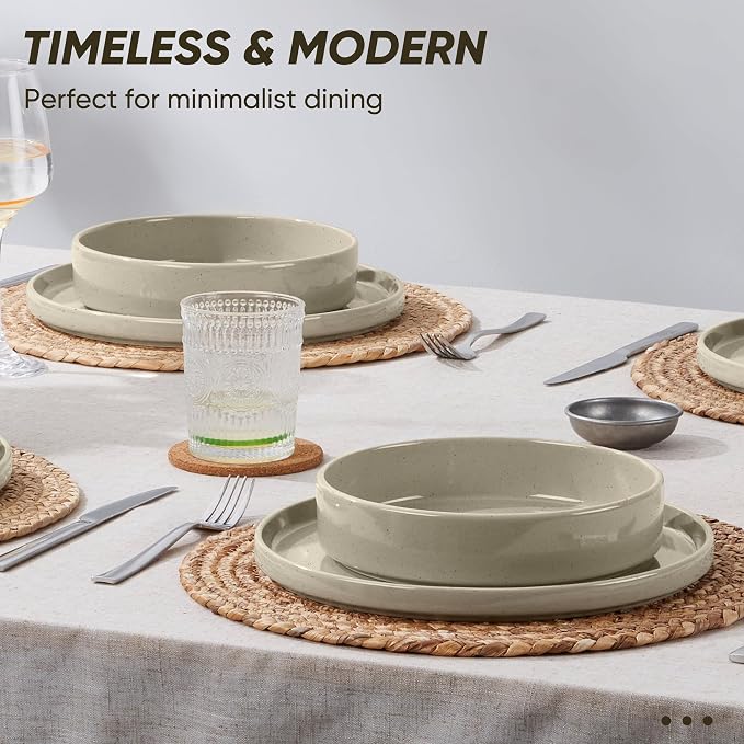 E-far 16-Piece Stoneware Dinnerware Sets with Pasta Bowls, Speckled Khaki | Plates and Bowls Sets for 4, Chip and Scratch Resistant, Microwave & Dishwasher Safe Kitchen Modern Dish Set