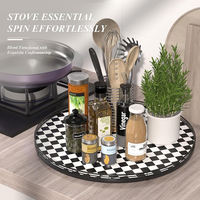 AMH 24-Inch Black and White Checkerboard Lazy Susan Decorative Tray | Smooth rotating oak tray with walnut finish for dining tables, kitchen counters, pantries and cabinet storage.