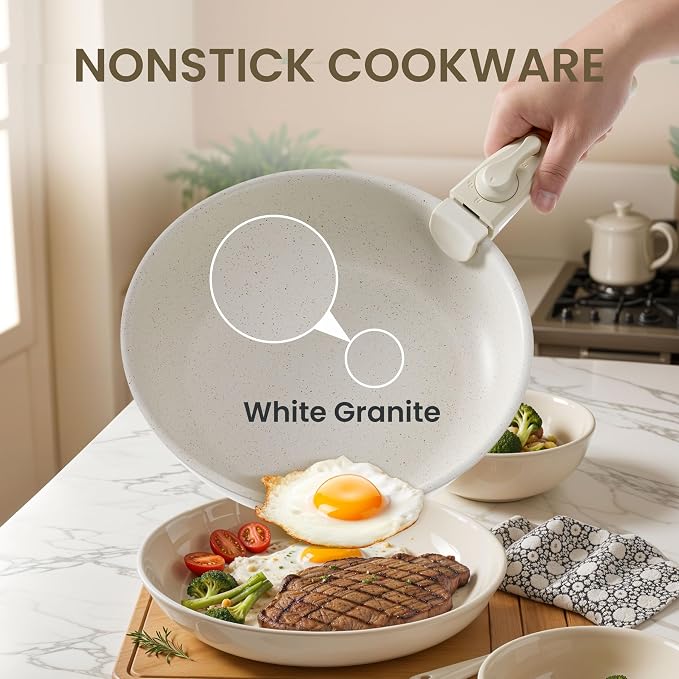 Simple Deluxe 12 Pcs Cookware Set, Non-Stick Pots and Pans Set, with Black Granite Texture and Detachable Handles, Resistant to High Temperatures, Oven Safe, PFAS and PFOA Free, Beige