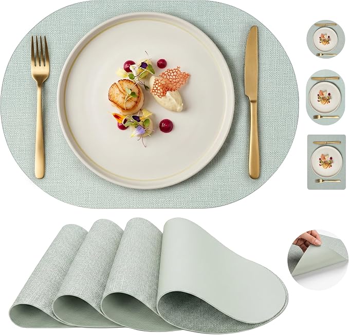 Faux Leather Placemats Set of 4, Wipeable Waterproof Stain Resistant Table Mats, Heat Resistant Thick Placemats with Hand-Painted Edges for Kitchen Dining, Imitative Linen Texture, Various Shapes