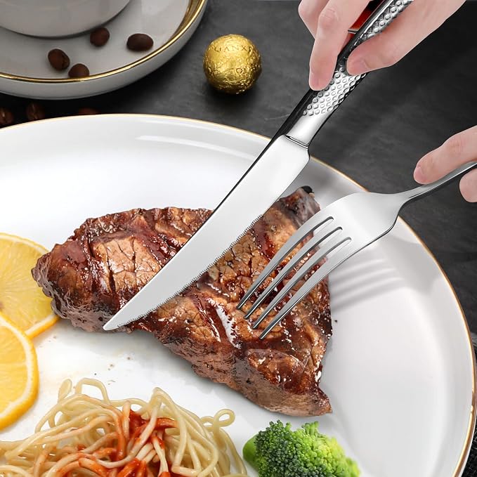Hammered 30 Pieces Set Silverware Set for 6 with Serrated Forging Knives,18/10 Stainless Steel Modern Flatware Set,Unique Cutlery Set,Mirror Polished,Dishwasher Safe