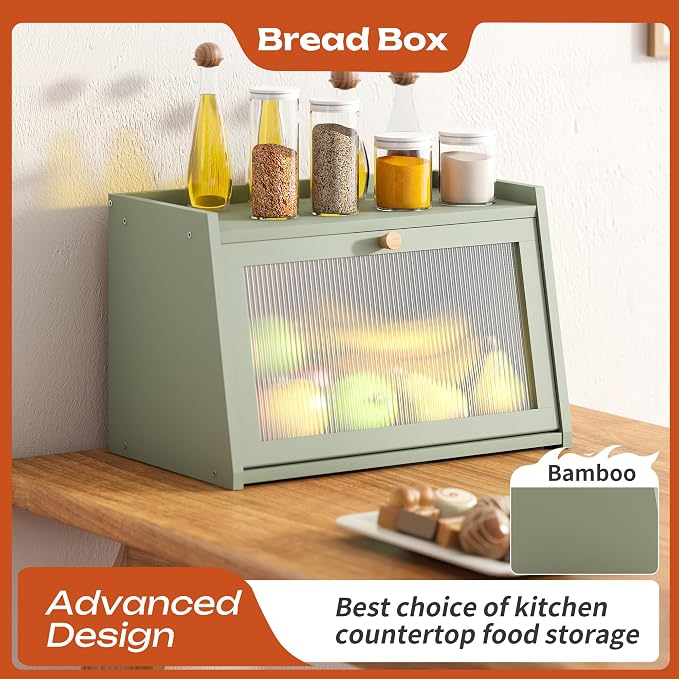 GHWIE Large Bread Box, Easy Access & Cleaning - Bamboo Bread Box for Kitchen Countertop with Acrylic Door (Green, Medium)