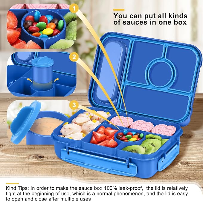 Amathley Bento Box Adult Lunch Box Kids,Lunch Containers for Adults/Kids/Toddler,5 Compartments Bento Lunch Box with Sauce Vontainers,Microwave & Dishwasher & Freezer Safe,BPA-Free (Navy)