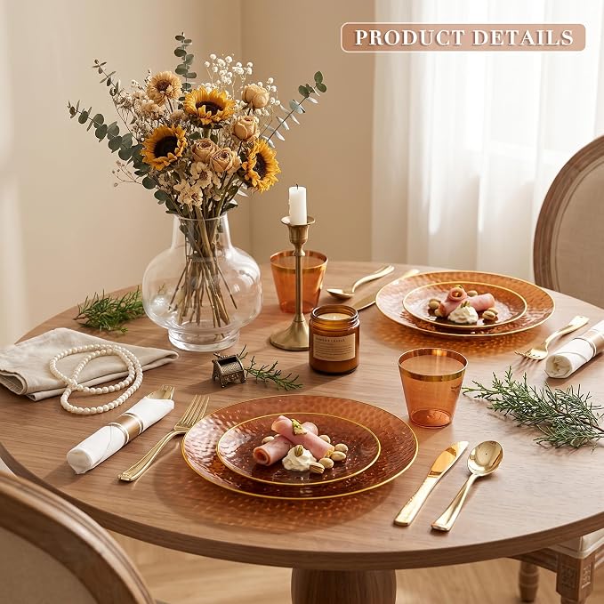Rubtlamp 700Pcs Amber Gold Plastic Dinnerware Set, Hammered Clear Gold Plates, Fancy Plastic Plates Include 100 Dinner Platos, 100 Salad Platos, 100 Cups,100 Pack Pre Rolled gold plastic Silverware