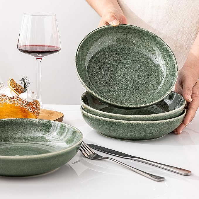 AmorArc 8.5’’ Ceramic Pasta Bowls Set of 4, 36oz Large Stoneware Bowls Set | Large Dinner Serving Bowls Set, Wide Bowl Plate for Pasta,Salad, Soup, Microwave Safe, Reactive Glaze-Jade Green