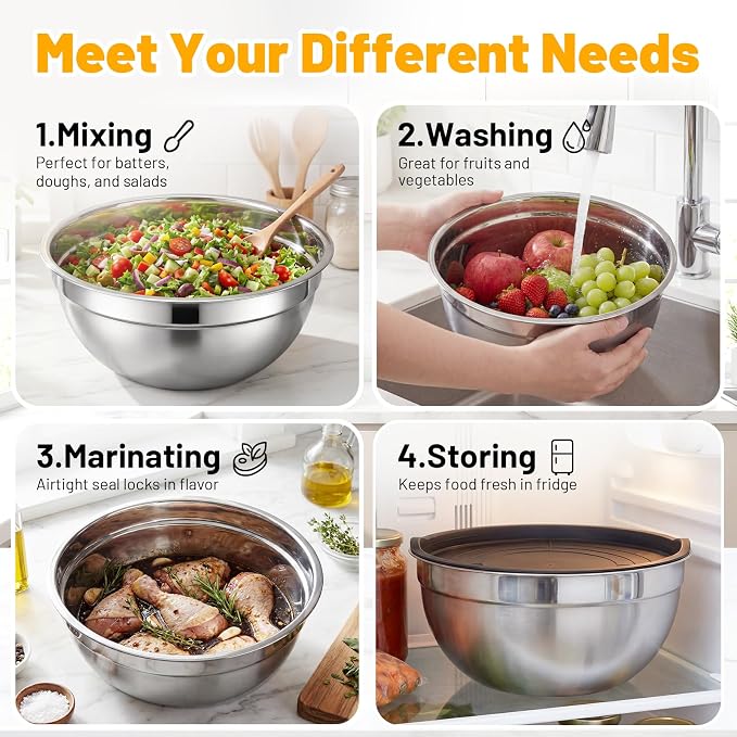 Beasea Stainless Steel Mixing Bowl with Lids, 2 Pack 5 QT Metal Large Stainless Mixing Bowls with Lids Set, Stackable Baking Bowl for Kitchen, Meal Prep, Serving and Cooking
