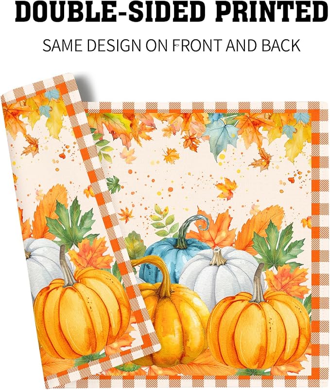 Fall Thanksgiving Placemats Set of 6 18x12 Inch Autumn Pumpkins Maple Leaves Linen Place Mats Heat-Resistant Washable Wipeable Orange Plaid Table Mat for Party Kitchen Dining Room Dinner Table Decor