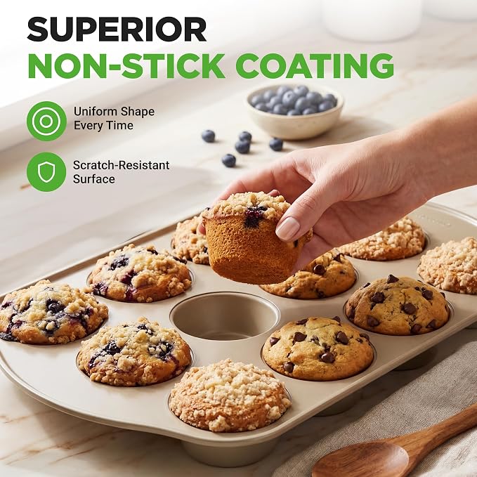 NutriChef Variety 2 Pack Muffin & Cupcake Tray Beginner Baking Set | 12-Cavity Muffin Tray & 24-Cavity Cupcake Tray for Baking | Carbon Steel Bakeware Set | Oven Safe Up To 450°F | Champagne