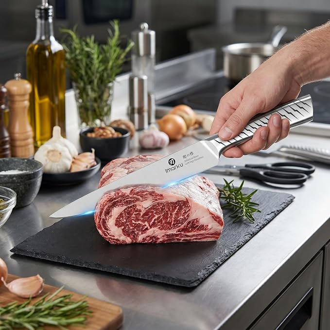 iMarku 14-Piece High-Carbon Stainless Steel Knife Set with Non-Slip Handles | Japanese-style knife set with block and built-in sharpener, distinctive textured finish, and gift box—ideal for gifting.
