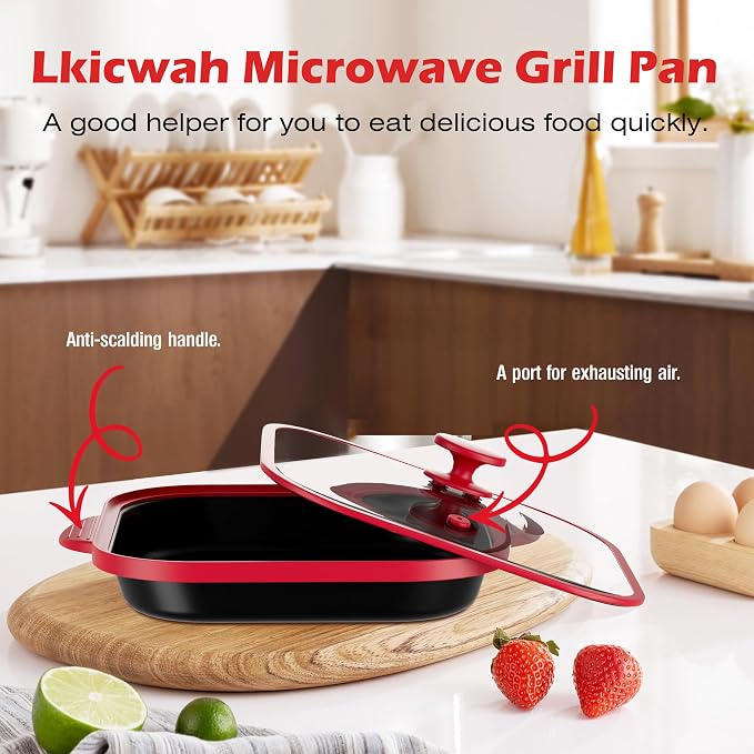 Microwave Grill Pan with Glass Cover - Bacon Cooker, Crisper & Grilled Cheese Maker, Microwave Cookware,Dishwasher Safe for Easy Clean