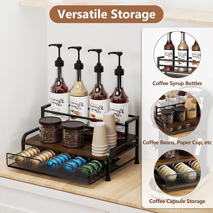 Coffee Syrup Rack Organizer, 3-Tier Pod Holder Drawer for Nespresso | Black Metal Rack for Syrup Bottles and Coffee Bar Storage, Holds 30 Big or 40 Small Capsules, Space-Saving Countertop Design