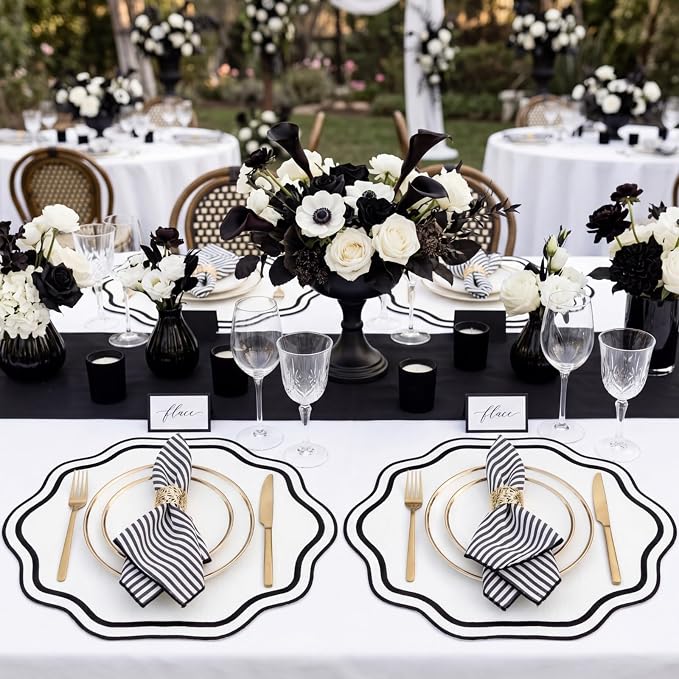 6 Pcs Black and White Wedding Placemats Scalloped Embroidered Cotton Linen Placemats 17" x 13" Double Layered Machine Washable Table Place Mat for Party Table Decor (Cotton)